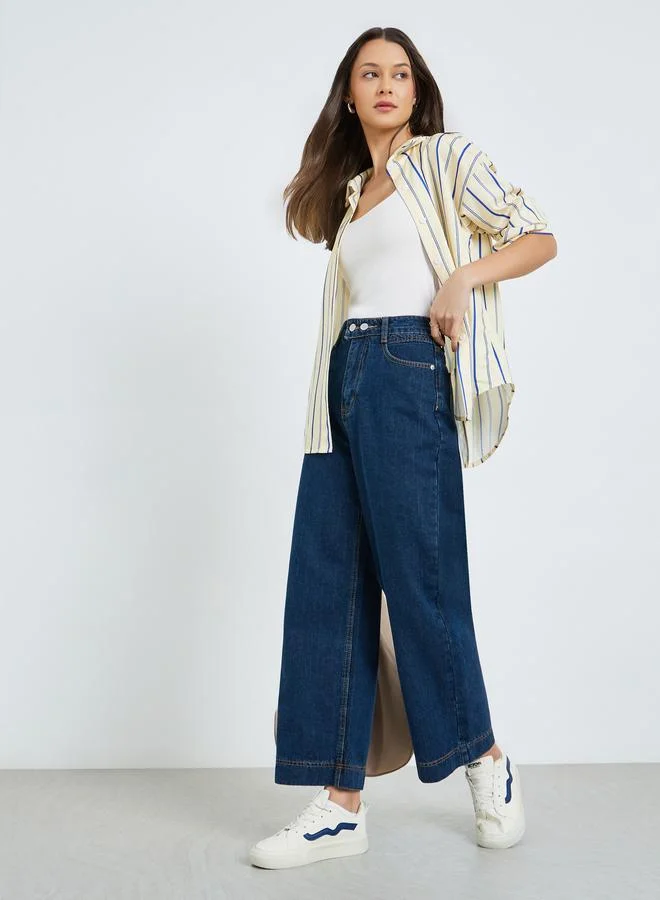 Styli Dark Blue Women High Rise Wide Leg Jeans for Women | Best Price UAE
